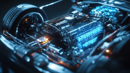 Fototapeta premium Futuristic Electric Car Engine with Blue Energy Flow - Concept Illustration.
