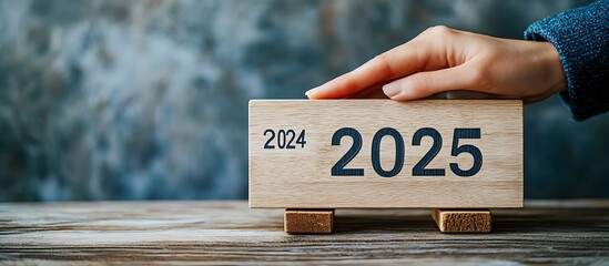 hand flip cube block 2024 to 2025 text on table. Resolution, review, strategy, end year, goal, business and New Year holiday concepts.