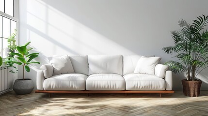 Minimalist living room with white sofa and plants.