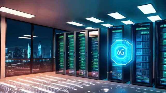 A server room with multiple server racks, a blue glowing 6G logo and a night city view through the window.