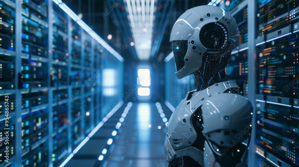Poster A robot stands in a large room with many computer monitors