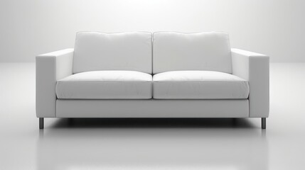 A white sofa with two cushions sits on a white surface.