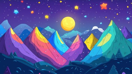 Colorful Mountain Landscape with Full Moon and Stars in Night Sky - Cartoon Illustration