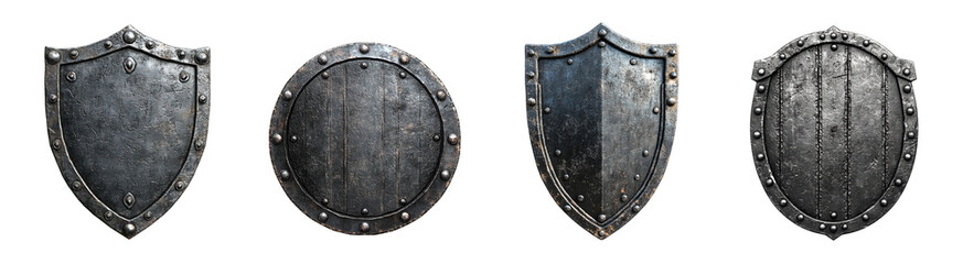 Fototapeta premium Four medieval shields, each with a unique shape and design, are displayed in a row on a transparent background.