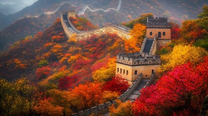 Naklejka premium 188. **Visualize the Great Wall of China during autumn with vibrant foliage and the ancient structure winding through the landscape.**