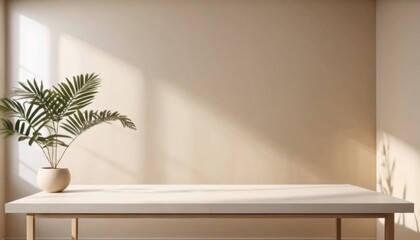 Fototapeta premium .table on warm beige wall background with sun rays and plant, empty concept mockup for your idea, ai generated, ai