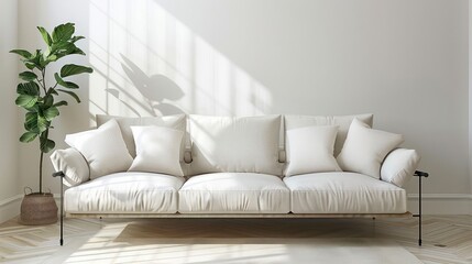 Minimalist living room with white sofa, plant, and natural light.