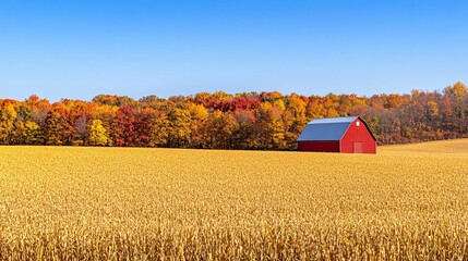 A picturesque fall landscape with a field of golden corn ready for harvest, with a red barn and a distant tree line of colorful autumn foliage under a clear blue sky