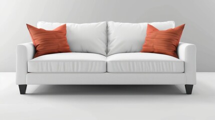 White sofa with two coral pillows on a white background.