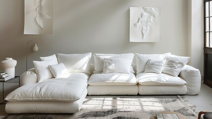 A spacious living room with a white sectional sofa,  large windows, and a decorative wall sculpture.