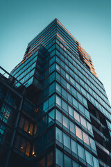 Obraz premium Modern glass skyscraper. Creative background with building perfect for real estate agent website or business related content.