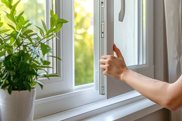 New plastic PVC window with white metal frame installed at modern house, view of blurred green trees, blue sky. Advertising. Typical installation of insulated glazing windows with uPVC window frames. © Marina Demidiuk