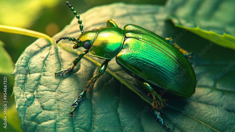 Poster a bright green beetle resting on a large leaf, with its shiny exoskeleton reflecting light and blend