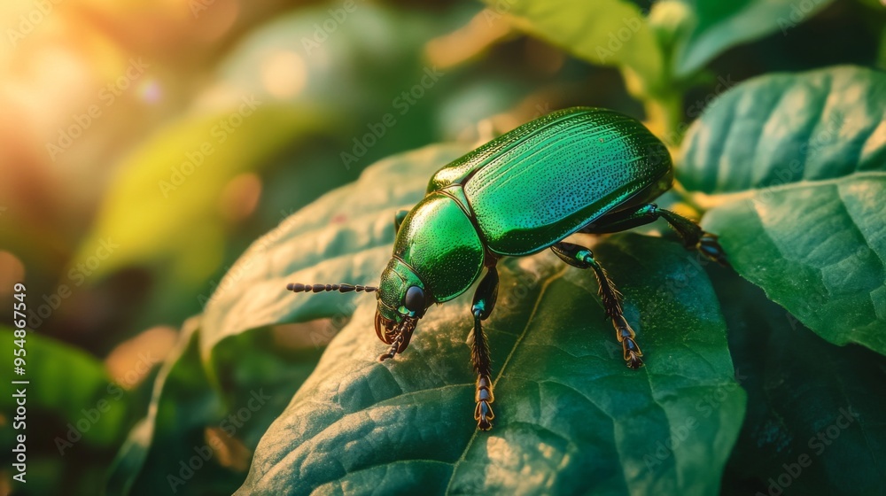 Poster a bright green beetle resting on a large leaf, with its shiny exoskeleton reflecting light and blend