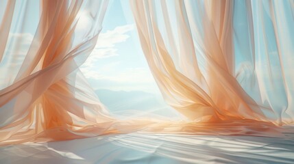 Sunlight streams through billowing sheer curtains, revealing a mountain range and clear blue sky.