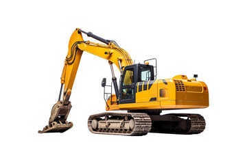 Yellow excavator with a brown bucket on the treads. Ideal for construction, industrial, machinery, engineering, and heavy equipment concepts in design projects