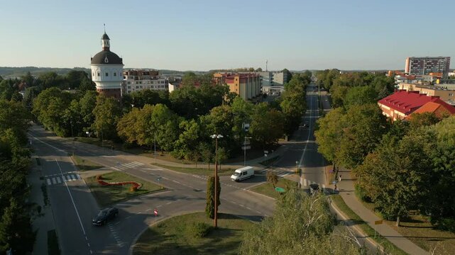 Panoramic of Elk Water Tower at the intersection of 11 Listopada and Kajki Streets, Masuria, Aerial revealing shot
