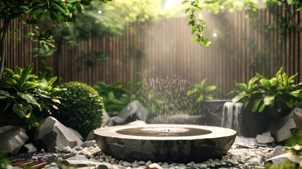 A serene Japanese zen garden with a stone fountain, surrounded by lush greenery, rocks, and a bamboo fence. The sunlight shines through the leaves, creating a peaceful and tranquil atmosphere.