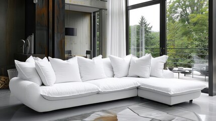 A white sectional sofa with plush cushions sits in a modern living room with large windows and a view of trees.