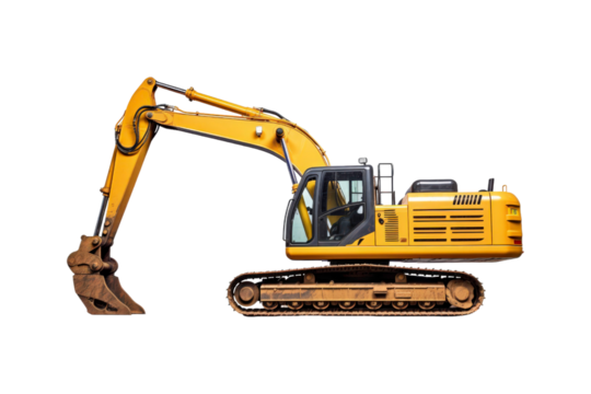 Yellow excavator with a brown bucket on the treads. Ideal for construction, industrial, machinery, engineering, and heavy equipment concepts in design projects