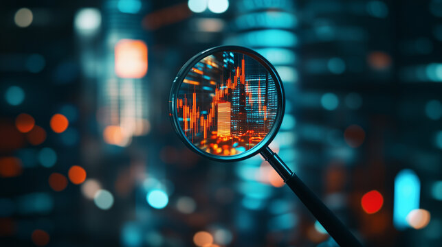 Exploring stock market trends with a magnifying glass against a glowing city skyline