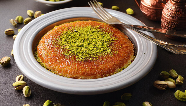 Middle eastern sweets kunefe, kunafa, kadayif with pistachio .Turkish , arabic traditional dessert. ai generated