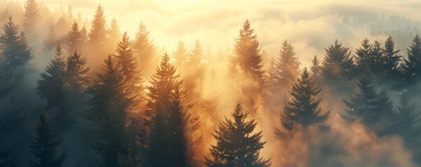 Golden sunrise illuminating a misty forest, 4K hyperrealistic photo