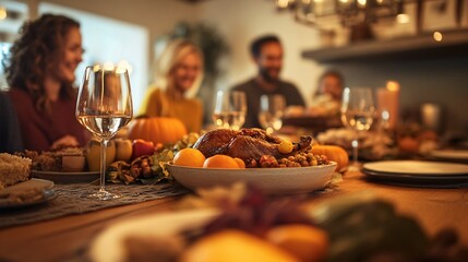 A modern Thanksgiving celebration in an urban apartment, with friends gathered around a table set with a mix of contemporary and traditional decor, enjoying a variety of global dishes