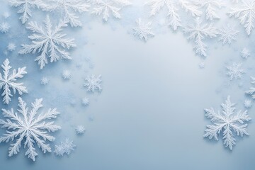 A minimalist snowflake design with large detailed snowflakes scattered across a cool icy background, AI Generated