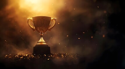 Golden Trophy with Ethereal Smoke on Dark Background, Detailed Award-Winning Composition