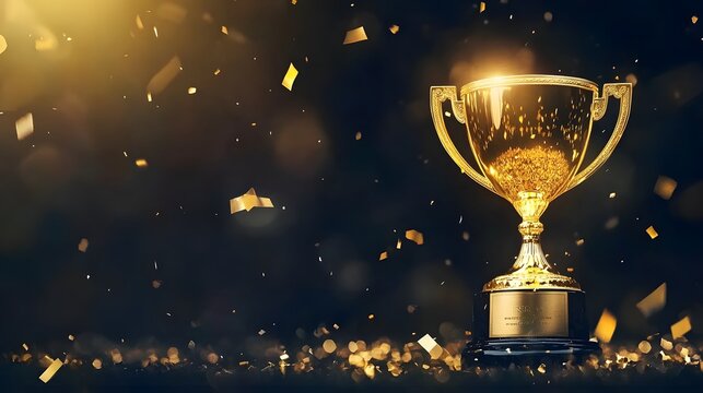  Golden Trophy Celebration with Confetti on Dark Background, Symbolizing Success and Achievement in Premium Service Victory