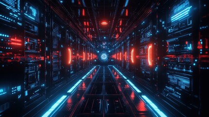 Fototapeta premium Futuristic Sci-Fi Corridor with Neon Lights and Technology Displays