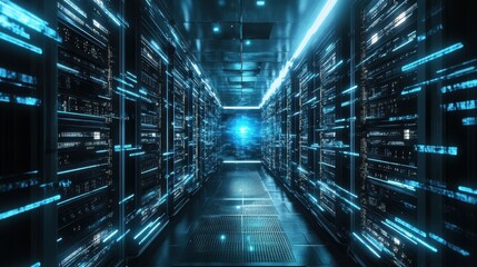 Fototapeta premium Futuristic Data Center with High-Tech Server Racks and Glowing Blue Lights