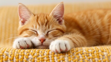 Dreaming Kitten, Close-up of a sleeping tabby cat with paws stretched out, Evoking warmth and...