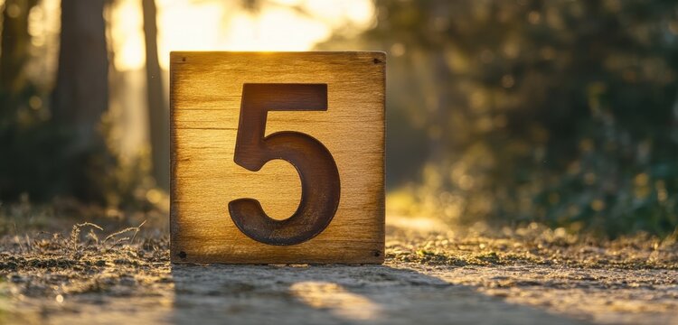 Wooden block number 5 in a natural outdoor setting.