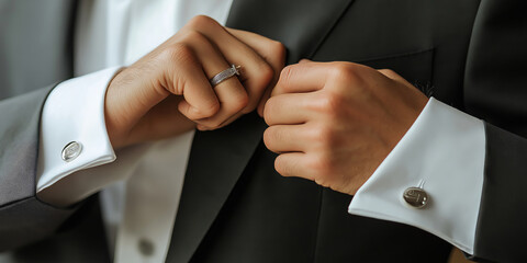 Close-up of a man's hands fastening elegant cufflinks on a crisp white dress shirt, with a tailored suit jacket in the background.