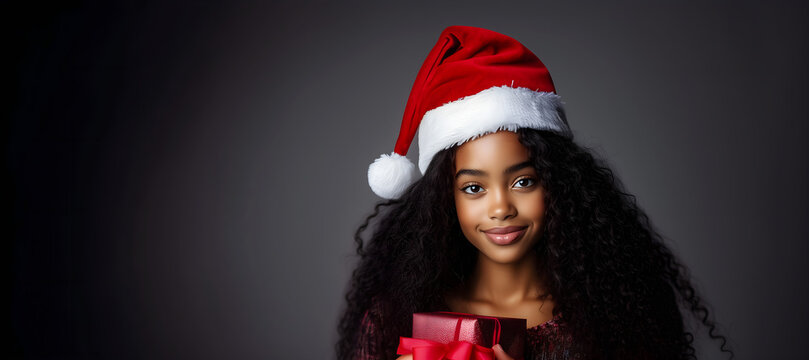young african american christmas girl in red santa hat with gift; grey background; copy space