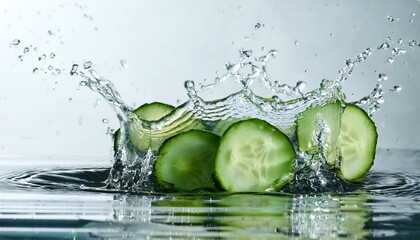 Dynamic Splash: Fresh Cucumber Slices Creating Water Droplets and Ripples