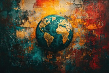 Colorful abstract painting of planet Earth, global connectivity, climate change, and environmental awareness