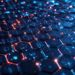 Obraz premium Abstract Hexagon Pattern with Glowing Lines and Blue and Red Lights - Digital Technology Background