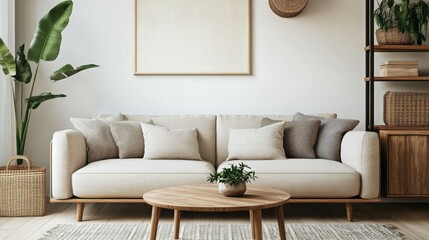 A chic minimalist living room with a comfortable sofa, minimalist coffee table, and pops of greenery, ideal for hosting guests in a stylish setting.