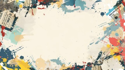 Fototapeta premium Creative abstract frame with chaotic newspaper text, illustrations, and headlines layered on a light background, providing space for an inscription. Grunge vector background design