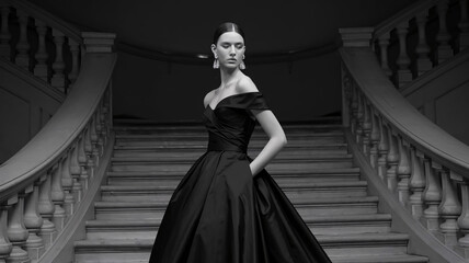 Obraz premium Fashionable Woman in Black Evening Gown on Ornate Staircase