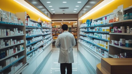 Pharmaceutical Products Displayed on Shelves in a Modern Pharmacy