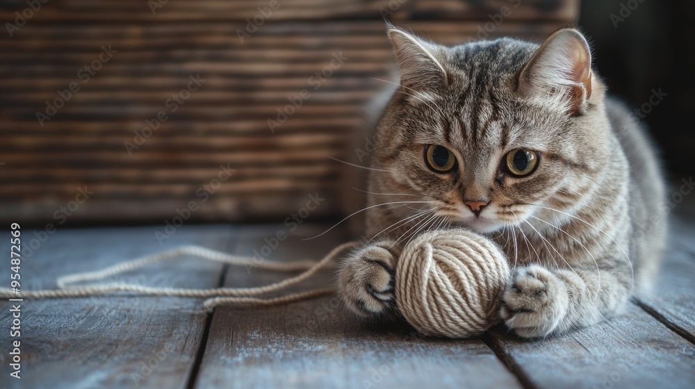 Poster a chubby cat playing with a ball of yarn on a wooden floor, showcasing its playful side in a simple,