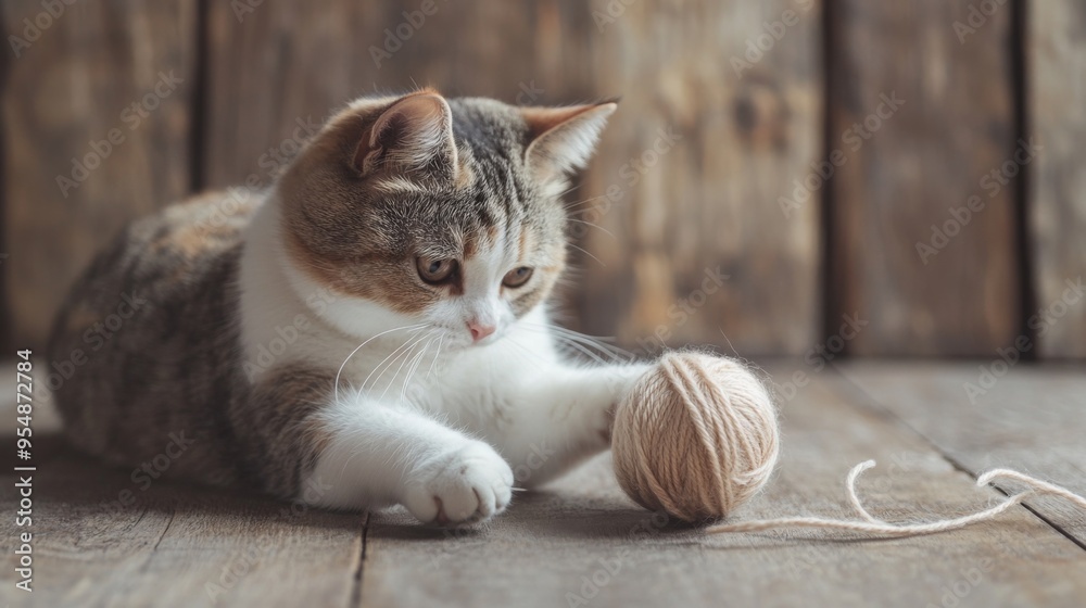 Poster a chubby cat playing with a ball of yarn on a wooden floor, showcasing its playful side in a simple,
