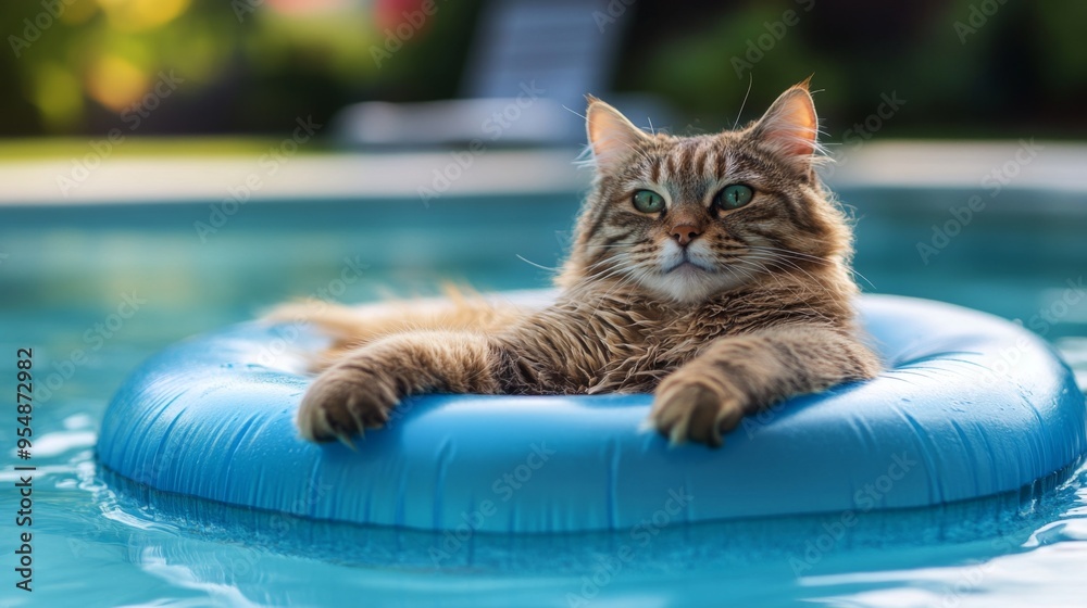 Poster A chunky cat lounging on a pool float in a backyard swimming pool, looking relaxed and enjoying the cool water.