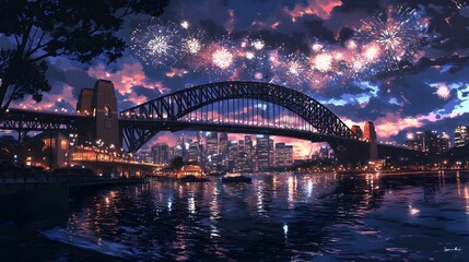 Fototapeta premium 180. **Illustrate the Sydney Harbour Bridge with a night sky filled with fireworks and the city lights reflecting in the harbor.**