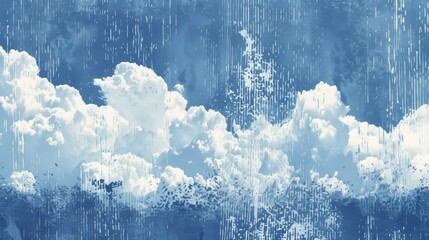 Stipple illustration of cumulus clouds background with glitch technique, blending traditional pointillism and modern digital effects to create a unique atmospheric visual in monochrome shades