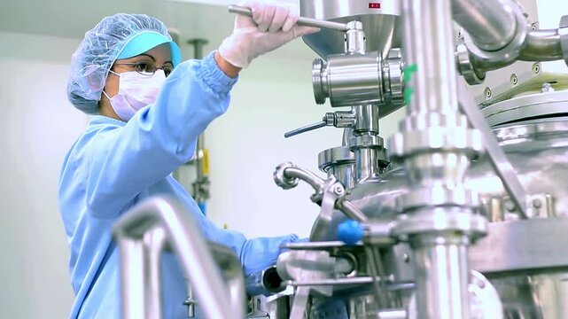 Pharmaceutical Industry Technician in Protective Workwear Works in Sterile Environment. Pharmaceutical Research And Development Of New Medicines. Clean Room in Pharmaceutical Industry.